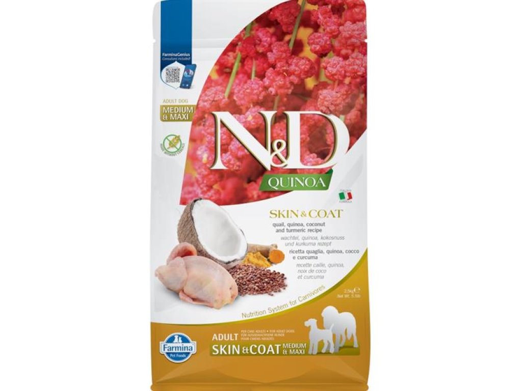 N&D QUINOA Dog GF Skin & Coat, Quail & Coconut Adult Medium & Maxi 2,5 kg