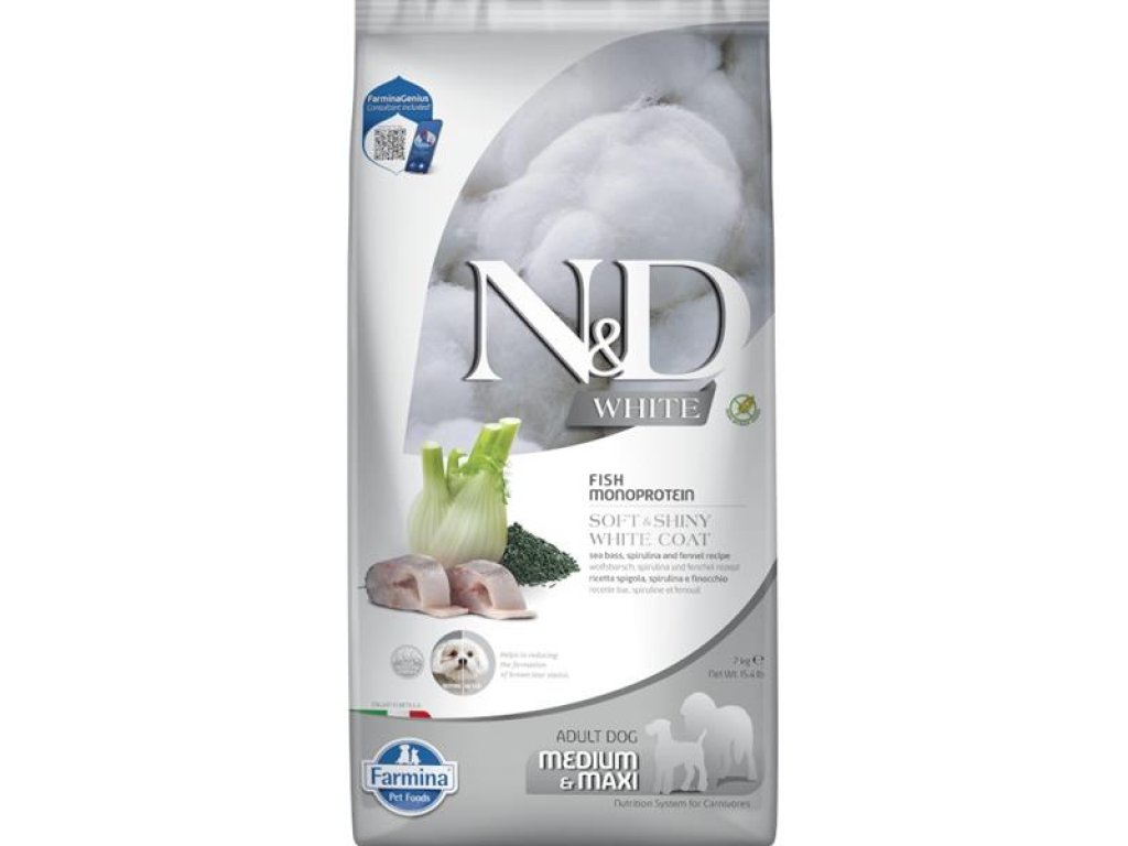 N&D WHITE Dog GF Sea Bass, Spirulina & Fennel Adult Medium & Maxi 7 kg