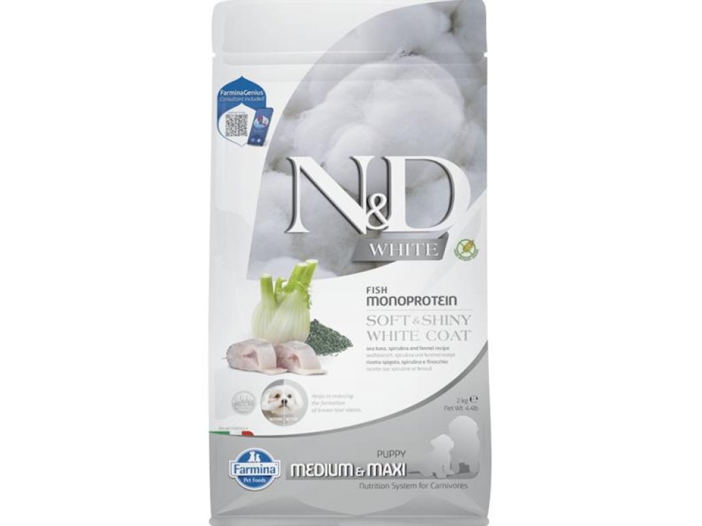 N&D WHITE Dog GF Sea Bass, Spirulina & Fennel Puppy Medium & Maxi 2 kg