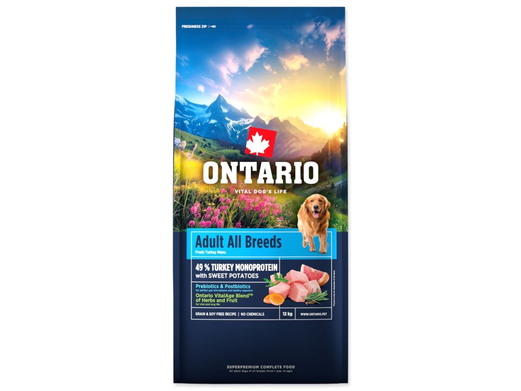Krmivo Ontario Adult All Breeds Monoprotein Turkey & Sweet Potatoes 12kg