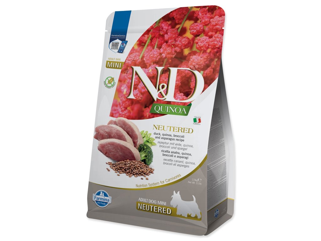 Krmivo N&D Dog Quinoa Neutered Adult Mini Duck, Broccoli & Asparagus 2,5kg