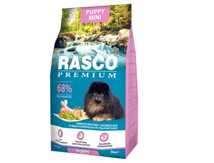 Krmivo Rasco Premium Puppy Mini kuře s rýží 3kg+Pochoutka Rasco Premium 80g