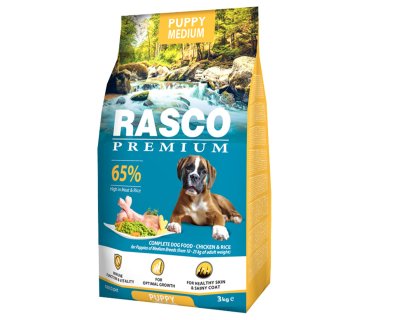 Krmivo Rasco Premium Puppy Medium kuře s rýží 3kg+Pochoutka Rasco Premium  80g