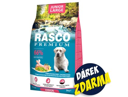 Krmivo Rasco Premium Junior Large kuře s rýží 3kg+Pochoutka Rasco Premium 80g