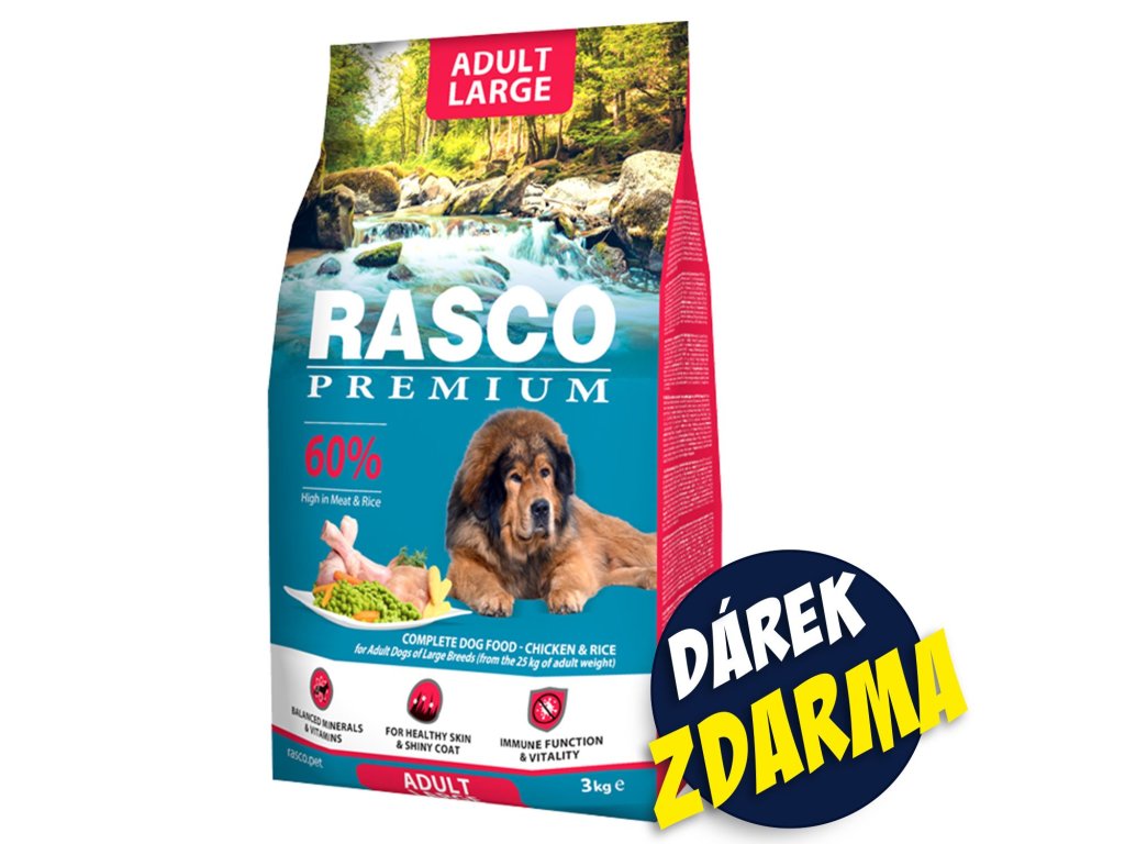 Krmivo Rasco Premium Adult Large kuře s rýží 3kg+Pochoutka Rasco Premium 80g