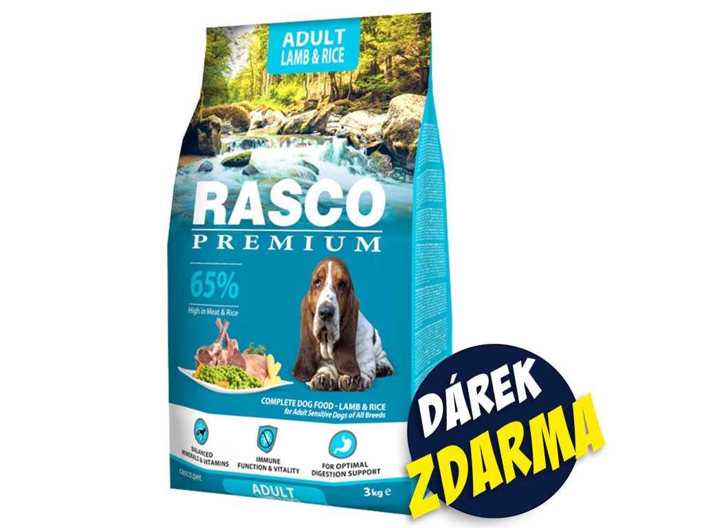 Krmivo Rasco Premium Adult jehněčí s rýží 3kg+Pochoutka Rasco Premium 80g